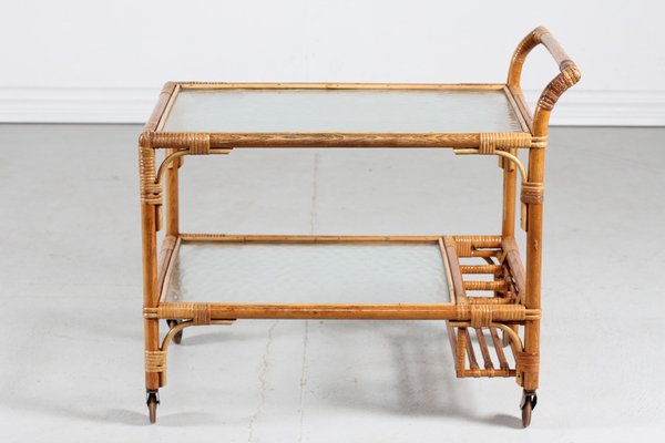 Vintage Cane Bar Trolley on Wheels with Frosted Glass, Denmark, 1950s-QQ-1404505