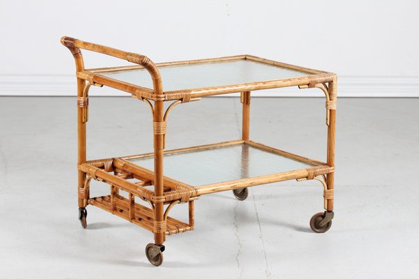 Vintage Cane Bar Trolley on Wheels with Frosted Glass, Denmark, 1950s-QQ-1404505