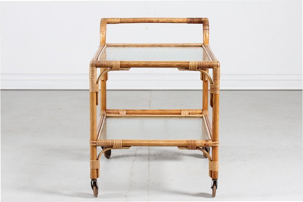 Vintage Cane Bar Trolley on Wheels with Frosted Glass, Denmark, 1950s-QQ-1404505