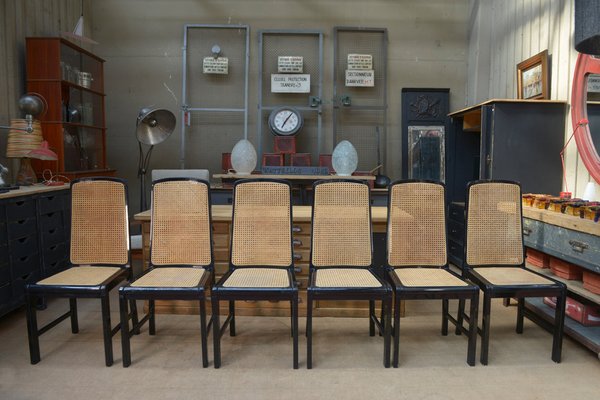 Vintage Cane Chairs in Black Lacquered Wood, 1970, Set of 6-NEN-2043234