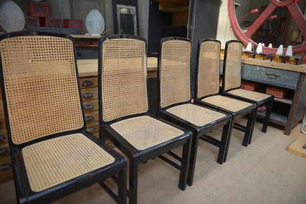 Vintage Cane Chairs in Black Lacquered Wood, 1970, Set of 6-NEN-2043234