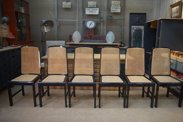 Vintage Cane Chairs in Black Lacquered Wood, 1970, Set of 6-NEN-2043234