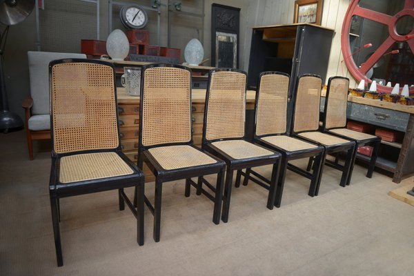 Vintage Cane Chairs in Black Lacquered Wood, 1970, Set of 6-NEN-2043234