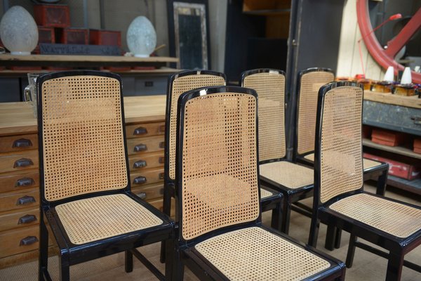 Vintage Cane Chairs in Black Lacquered Wood, 1970, Set of 6-NEN-2043234