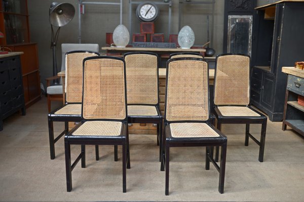 Vintage Cane Chairs in Black Lacquered Wood, 1970, Set of 6-NEN-2043234