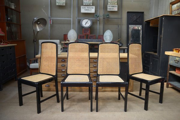 Vintage Cane Chairs in Black Lacquered Wood, 1970, Set of 6-NEN-2043234