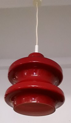 Vintage Ceiling Lamp with Red Segmented & Inside White Undertaking Glass Screen, 1970s