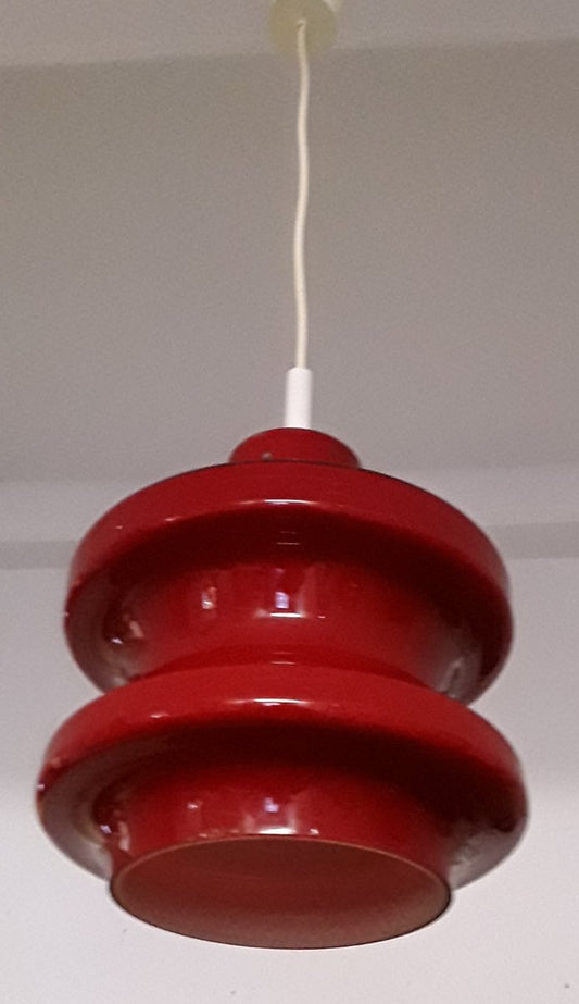 Vintage Ceiling Lamp with Red Segmented & Inside White Undertaking Glass Screen, 1970s