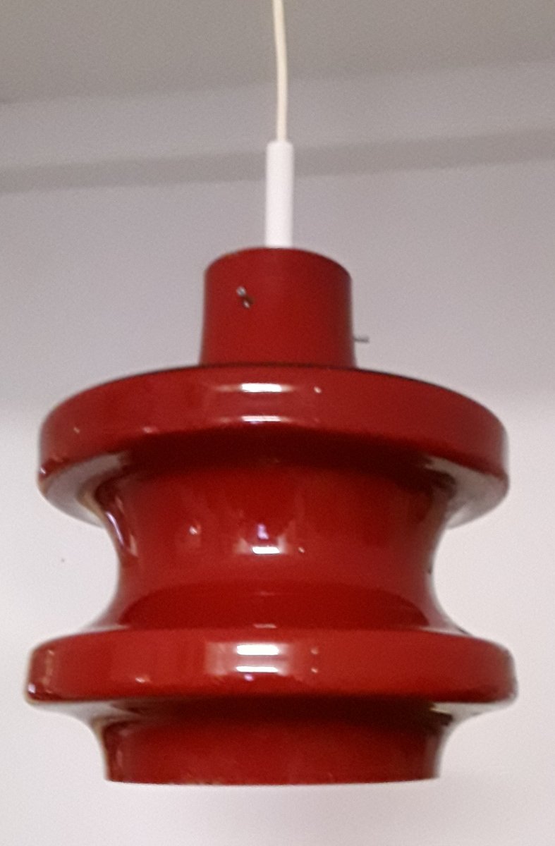 Vintage Ceiling Lamp with Red Segmented & Inside White Undertaking Glass Screen, 1970s