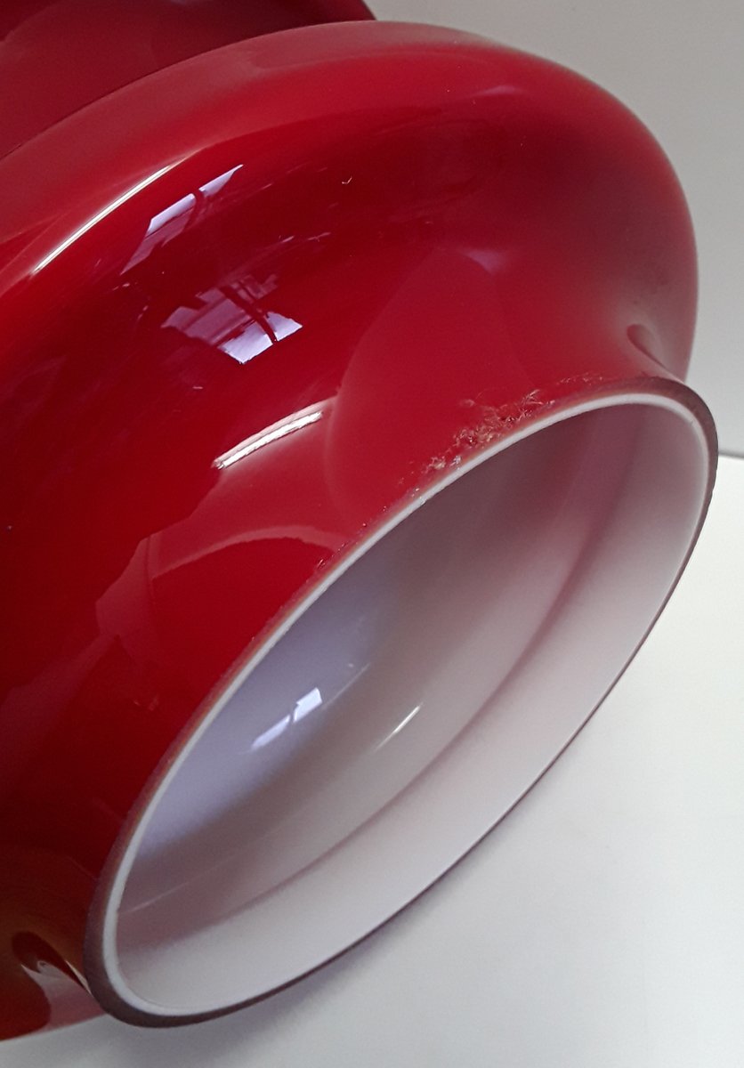 Vintage Ceiling Lamp with Red Segmented & Inside White Undertaking Glass Screen, 1970s