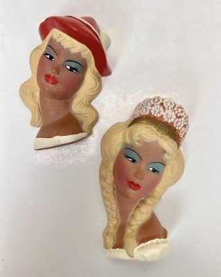 Vintage Ceramic Wall Masks of Young Women, 1960s, Set of 2-WZZ-1719829