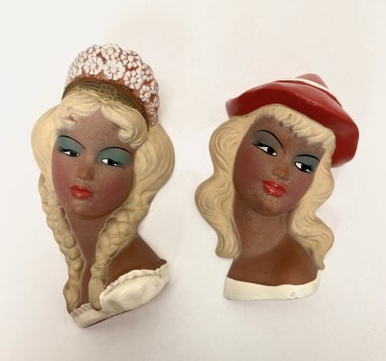 Vintage Ceramic Wall Masks of Young Women, 1960s, Set of 2-WZZ-1719829