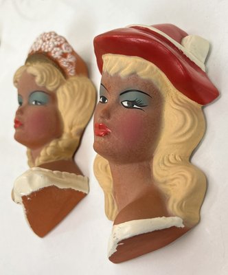 Vintage Ceramic Wall Masks of Young Women, 1960s, Set of 2-WZZ-1719829