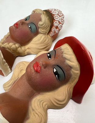 Vintage Ceramic Wall Masks of Young Women, 1960s, Set of 2-WZZ-1719829