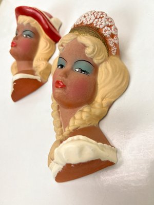 Vintage Ceramic Wall Masks of Young Women, 1960s, Set of 2-WZZ-1719829