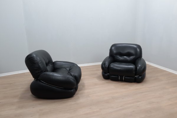 Vintage Chairs in Black Leather by Adriano Piazzesi, 1970s, Set of 2-ZQ-2041838