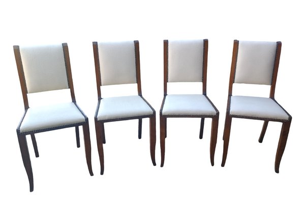 Vintage Chairs in Walnut and Off-White Leather, 1940s, Set of 4-BTG-2021631