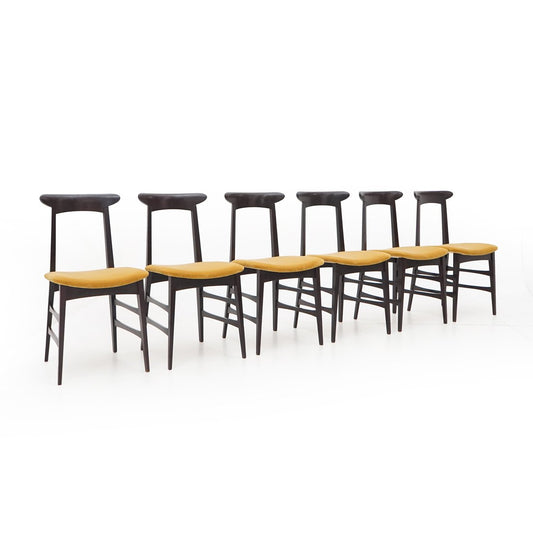 Vintage Chairs in Wood and Ocher Velvet, 1950s, Set of 6