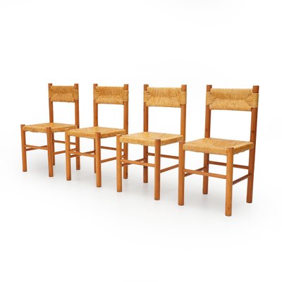 Vintage Chairs in Wood and Straw, 1960s, Set of 4-EZ-2027101