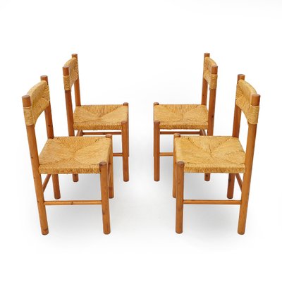 Vintage Chairs in Wood and Straw, 1960s, Set of 4-EZ-2027101