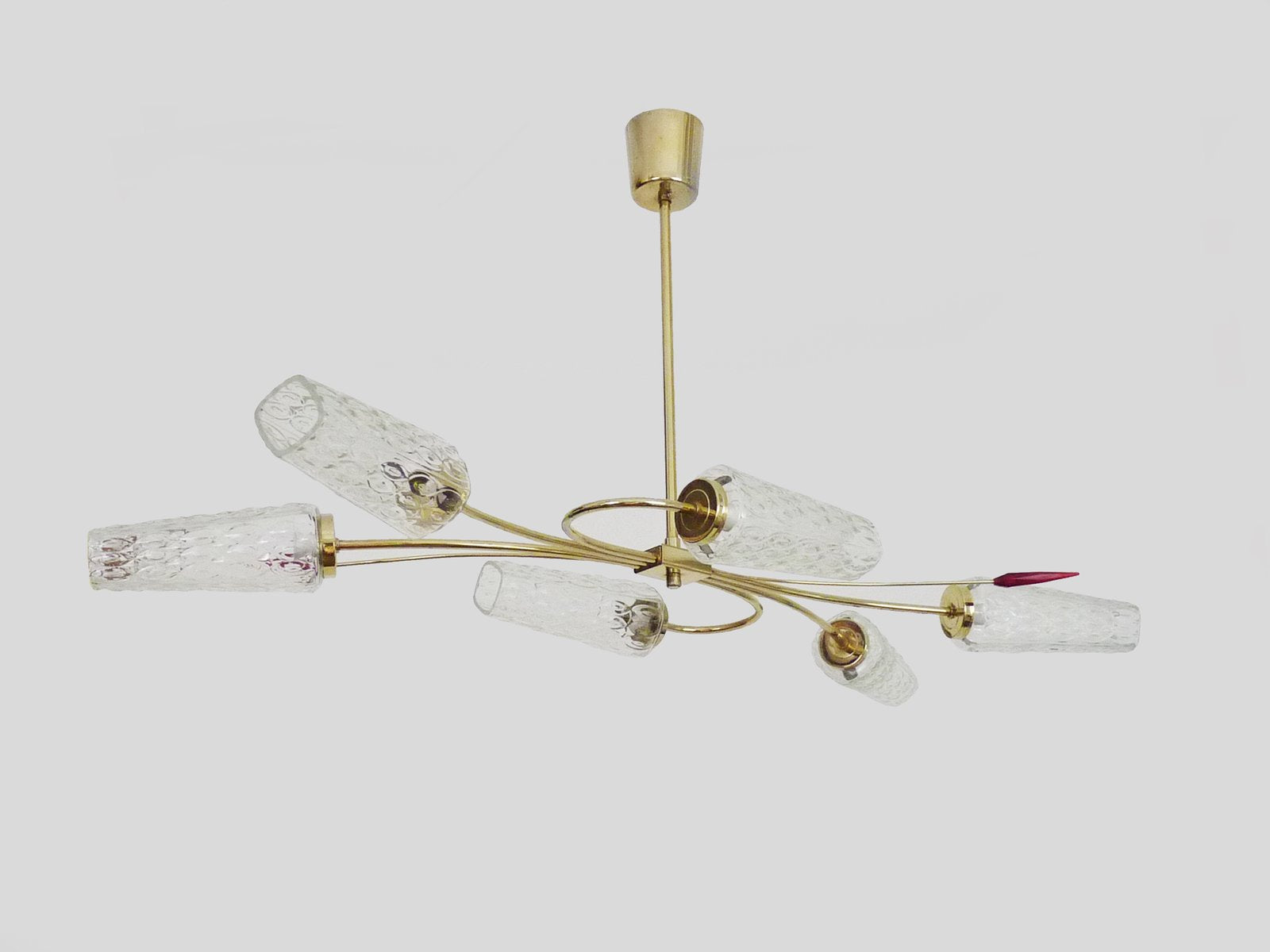 Vintage Chandelier with 6 Branches, 2 Red Arrows, Brass and Diamond Glass Tubes, 1970s