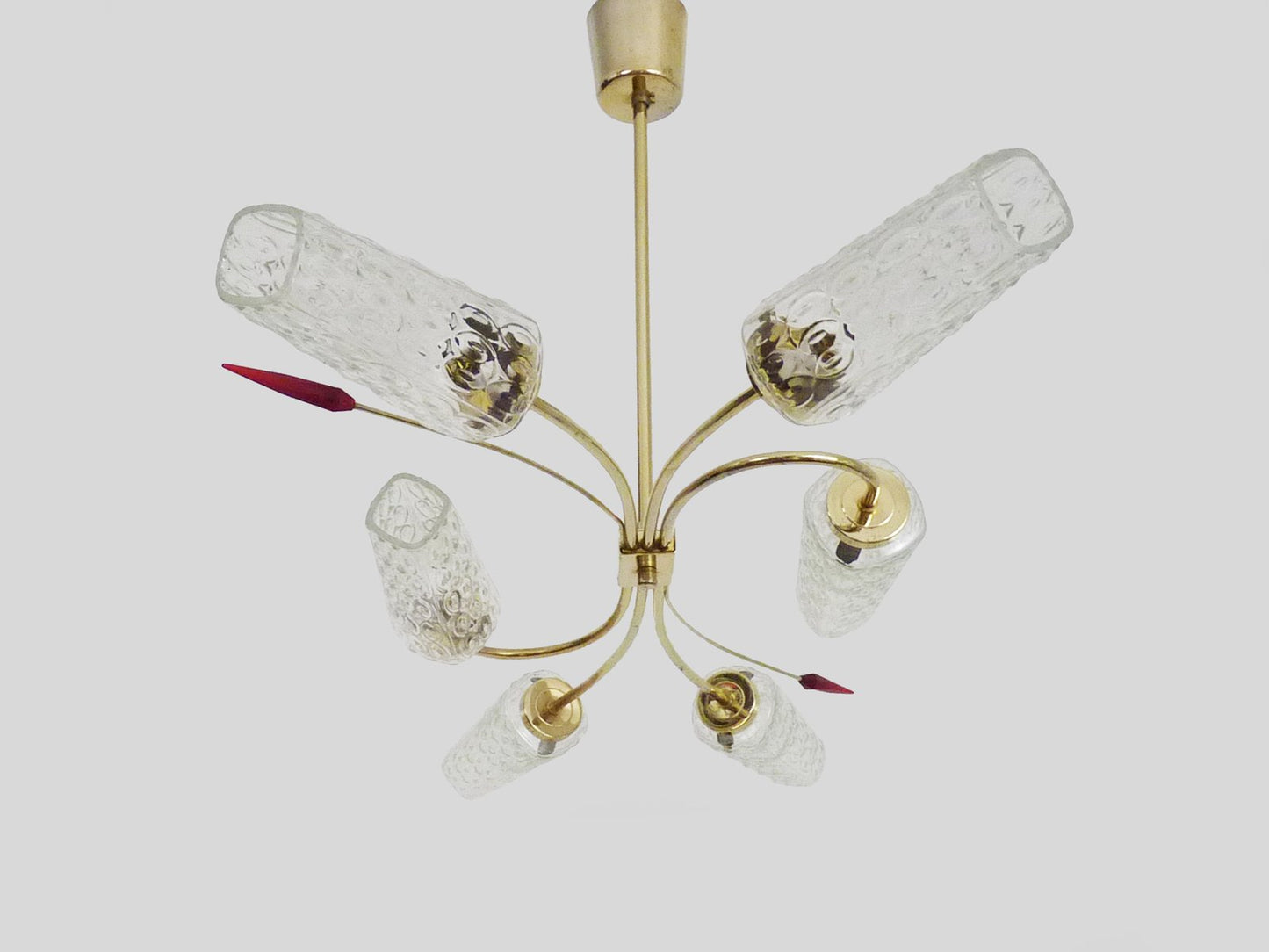 Vintage Chandelier with 6 Branches, 2 Red Arrows, Brass and Diamond Glass Tubes, 1970s