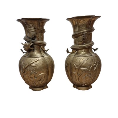 Vintage Chinese Brass Dragon Vases, Early 20th Century, Set of 2-VHW-2041789