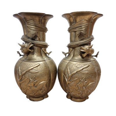 Vintage Chinese Brass Dragon Vases, Early 20th Century, Set of 2-VHW-2041789