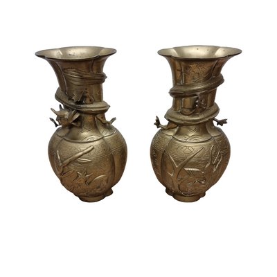 Vintage Chinese Brass Dragon Vases, Early 20th Century, Set of 2-VHW-2041789