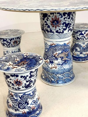 Vintage Chinese Ceramic Dining Table and Stools, Set of 5-GNW-1799934