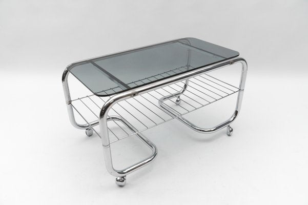 Vintage Chrome and Smoked Glass 2-Tier Coffee Table with Wheels, 1970s-KQB-1807000