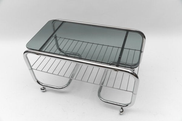 Vintage Chrome and Smoked Glass 2-Tier Coffee Table with Wheels, 1970s-KQB-1807000