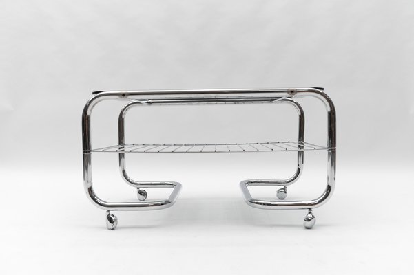 Vintage Chrome and Smoked Glass 2-Tier Coffee Table with Wheels, 1970s-KQB-1807000