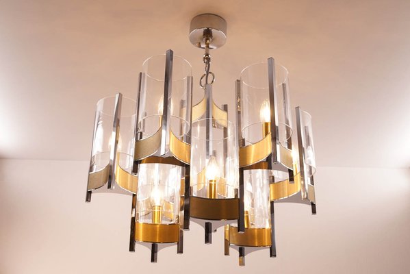 Vintage Chrome & Brass Chandelier by Gaetano Sciolari-KIJ-1344957