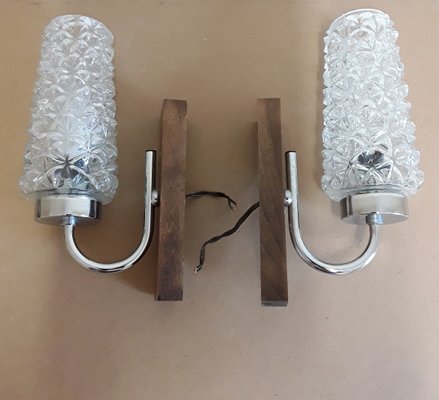 Vintage Chrome-Plated Metal Frame & Beech Wall Lamps, 1970s, Set of 2-HOI-1394056