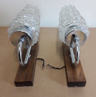 Vintage Chrome-Plated Metal Frame & Beech Wall Lamps, 1970s, Set of 2-HOI-1394056