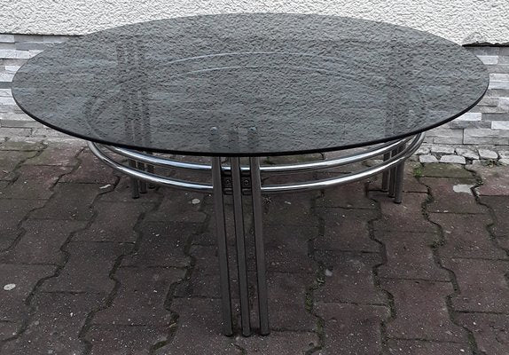 Vintage Chromed Metal Frame Coffee Table with Round Smoked Glass Plate, 1970s-HOI-1121833