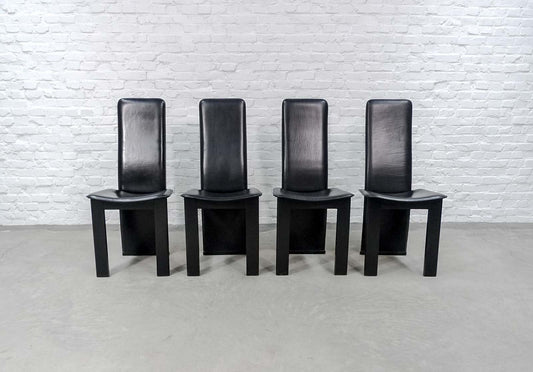 Vintage Cidue Black Sadle Leather High Back Dining Chairs. Italy, 1970s, Set of 4