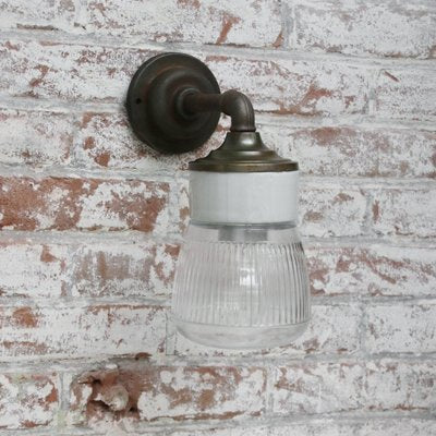 Vintage Clear Striped Glass & Brass Wall Lamp with Cast Iron Arm-BLS-984553