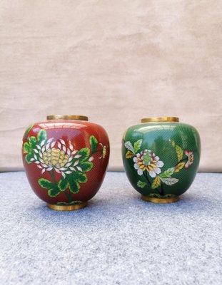 Vintage Cloisonné Vases with Asian Flower Pattern, 1950, Set of 2-FW-1297111