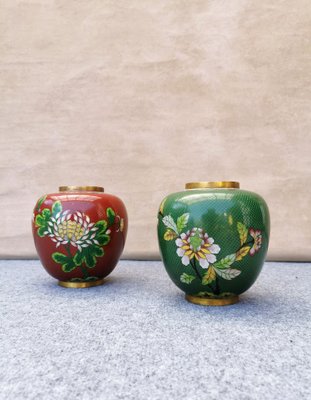 Vintage Cloisonné Vases with Asian Flower Pattern, 1950, Set of 2-FW-1297111