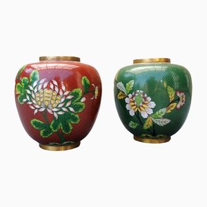 Vintage Cloisonné Vases with Asian Flower Pattern, 1950, Set of 2-FW-1297111