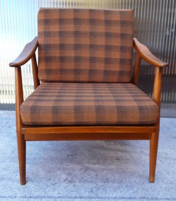 Vintage Club Chair with a Brown Beech Frame & Patterned Wool Cushion from Bergmann, 1970s-HOI-953860