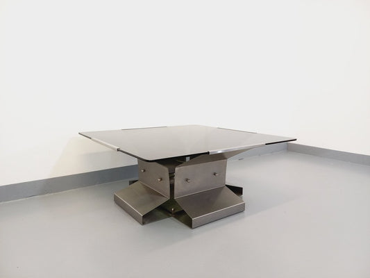 Vintage Coffee Table in Steel and Smoked Glass by François Monnet, 1970s