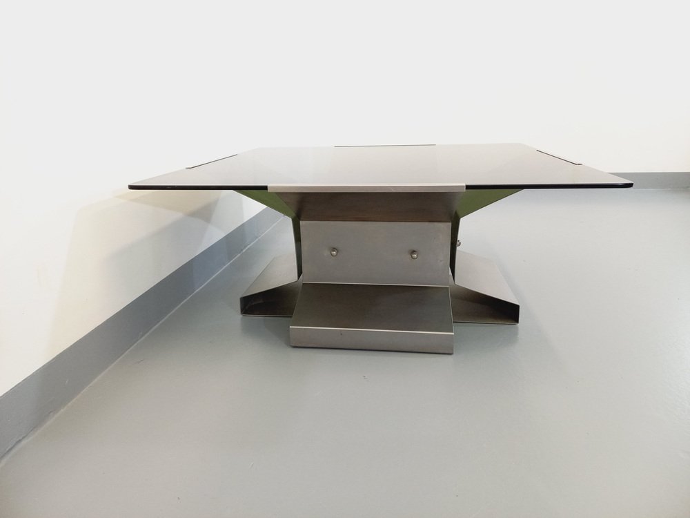 Vintage Coffee Table in Steel and Smoked Glass by François Monnet, 1970s