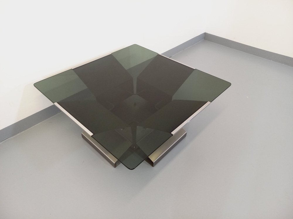 Vintage Coffee Table in Steel and Smoked Glass by François Monnet, 1970s