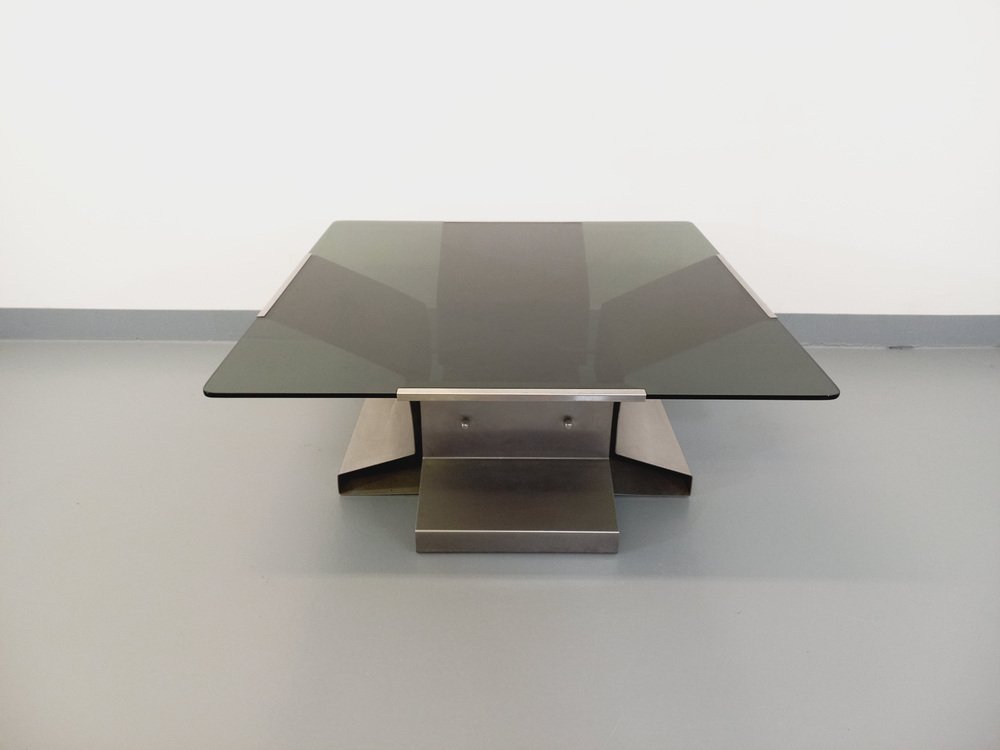 Vintage Coffee Table in Steel and Smoked Glass by François Monnet, 1970s