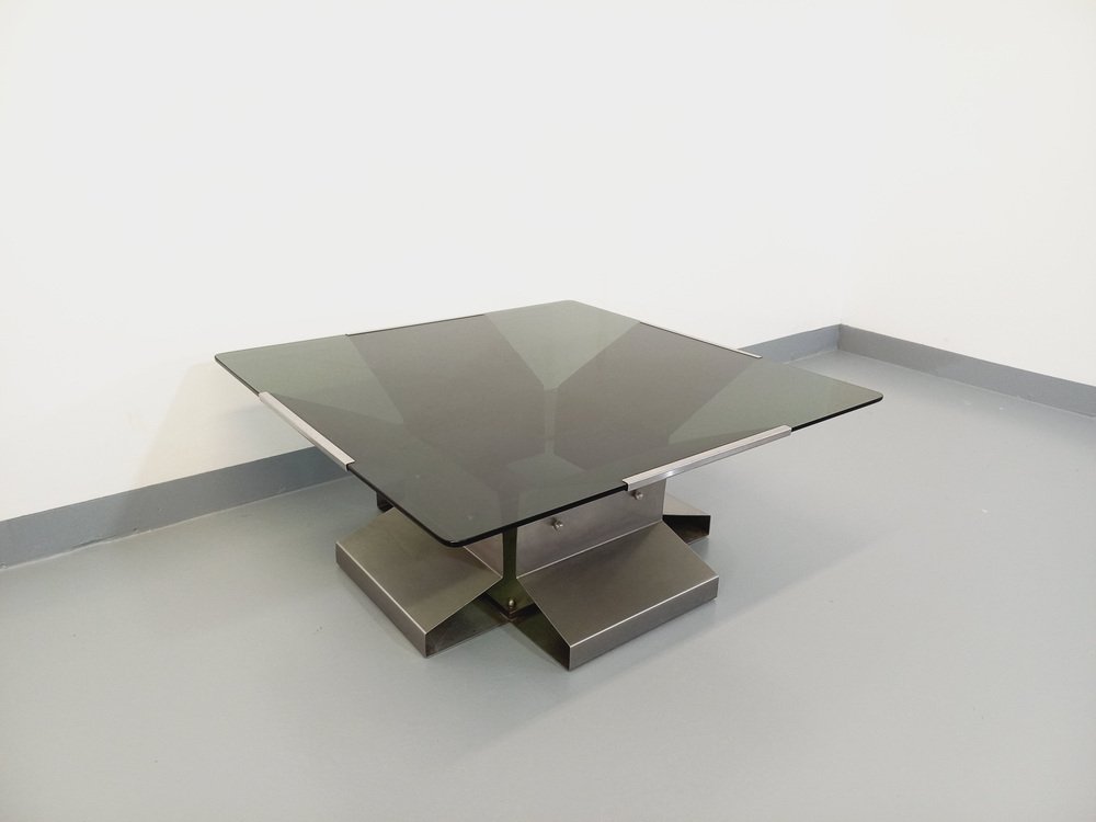 Vintage Coffee Table in Steel and Smoked Glass by François Monnet, 1970s