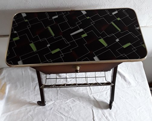 Vintage Coffee Table on Wheels with Magazine Rack and Brown Beech Drawer with Brass Parts, 1960s-HOI-935748