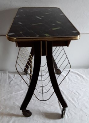 Vintage Coffee Table on Wheels with Magazine Rack and Brown Beech Drawer with Brass Parts, 1960s-HOI-935748